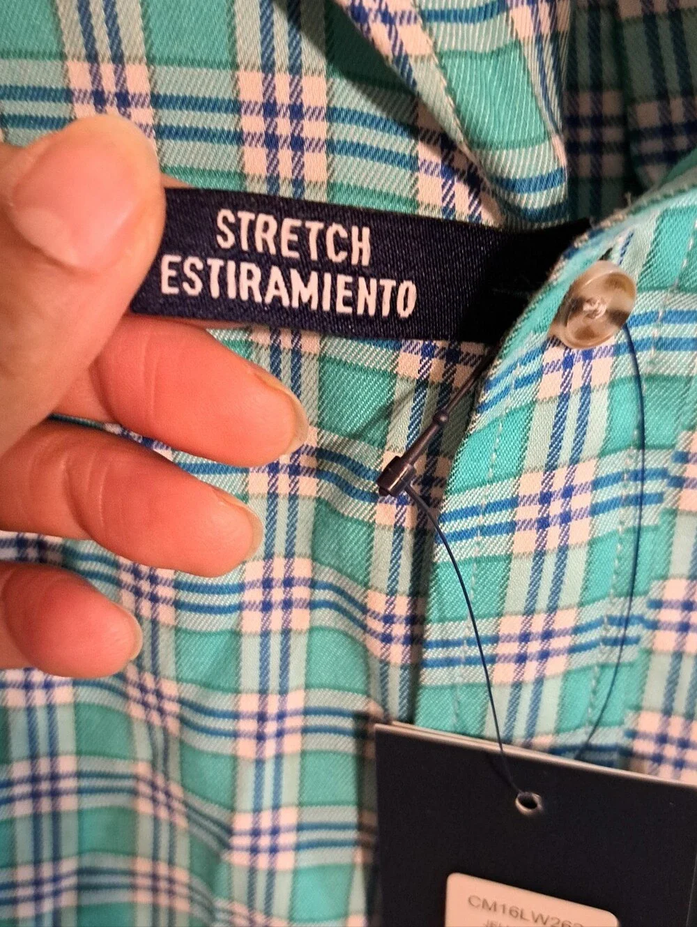 CHAPS XXL NWT Stretch Plaid Button Down Shirt Green Teal Blue White